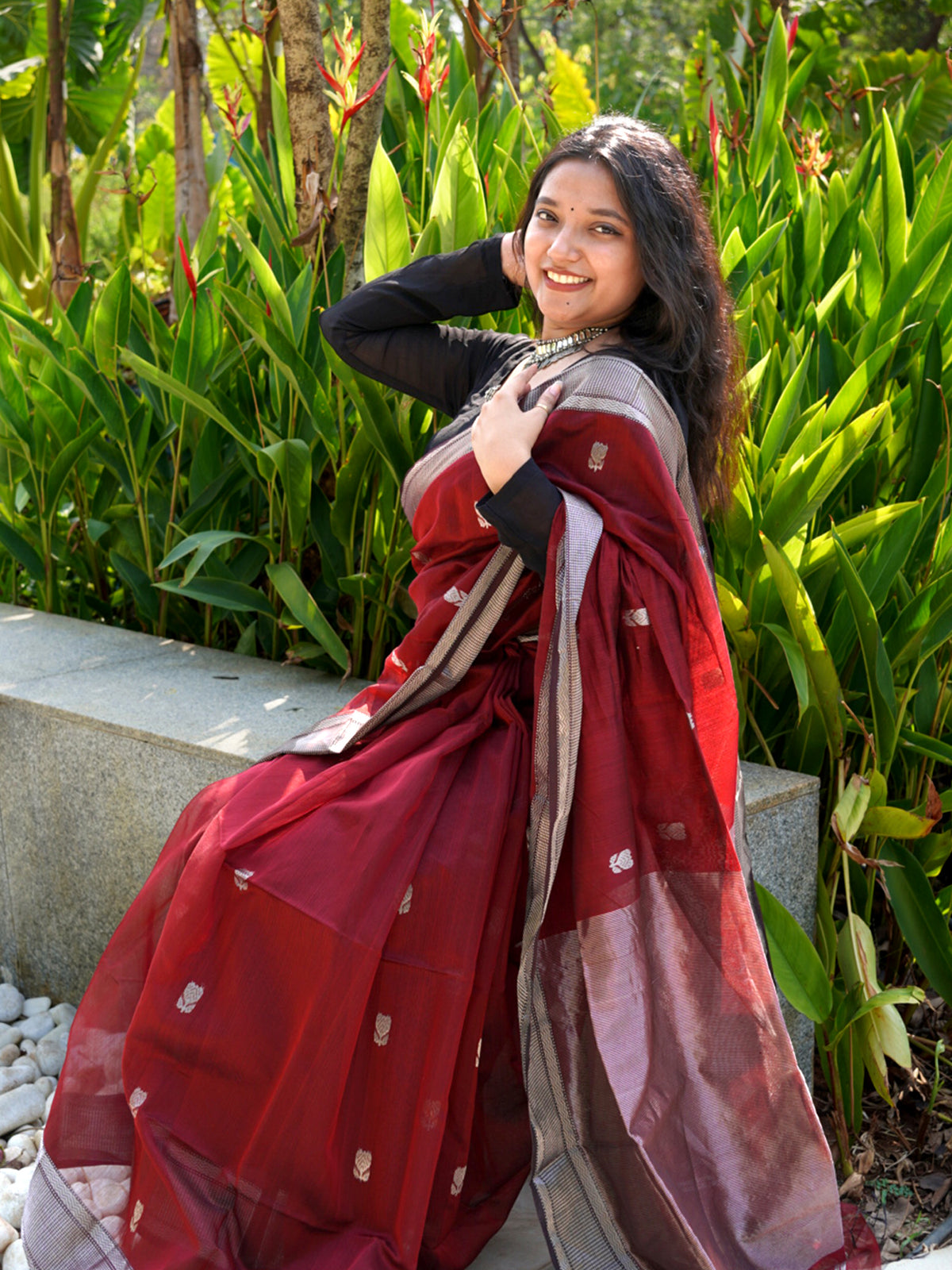 Maroon cotton silk Maheshwari saree 