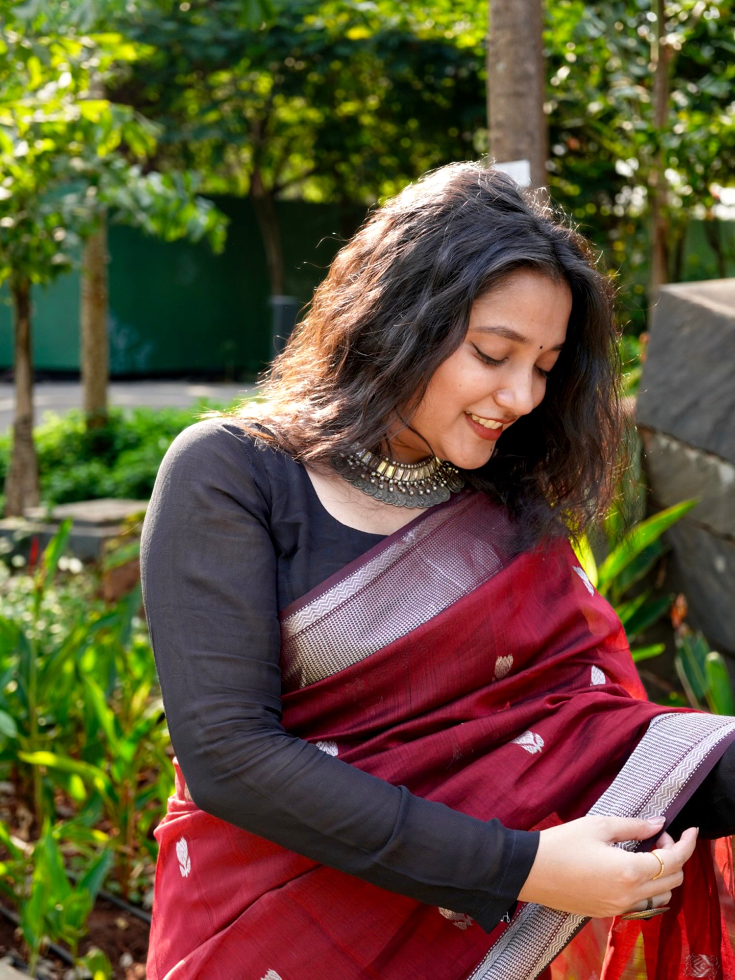 Maroon cotton silk Maheshwari saree 