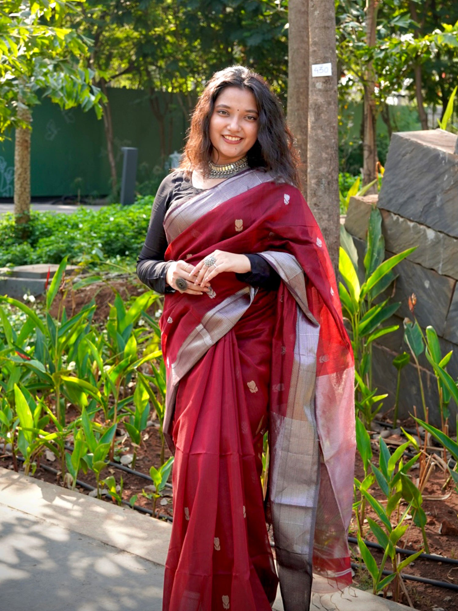 Maroon cotton silk Maheshwari saree 