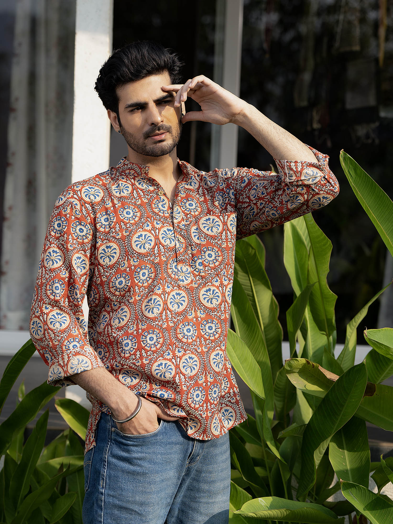 Shirt Short Kurti Mens Orange With Cream Diamond Shaped Flower