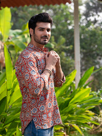 Orange with cream diamond shaped flower short kurti full sleeve men