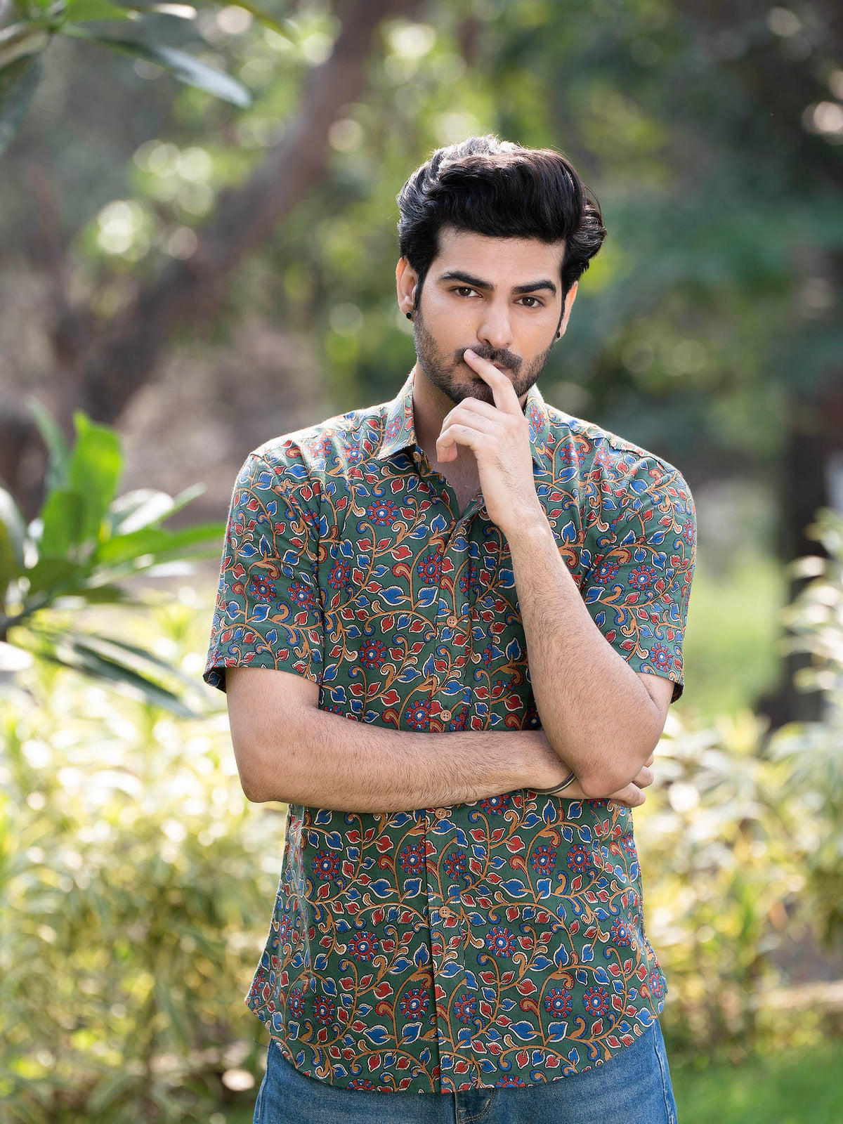 Forest green with multicolored flower pattern men’s shirt