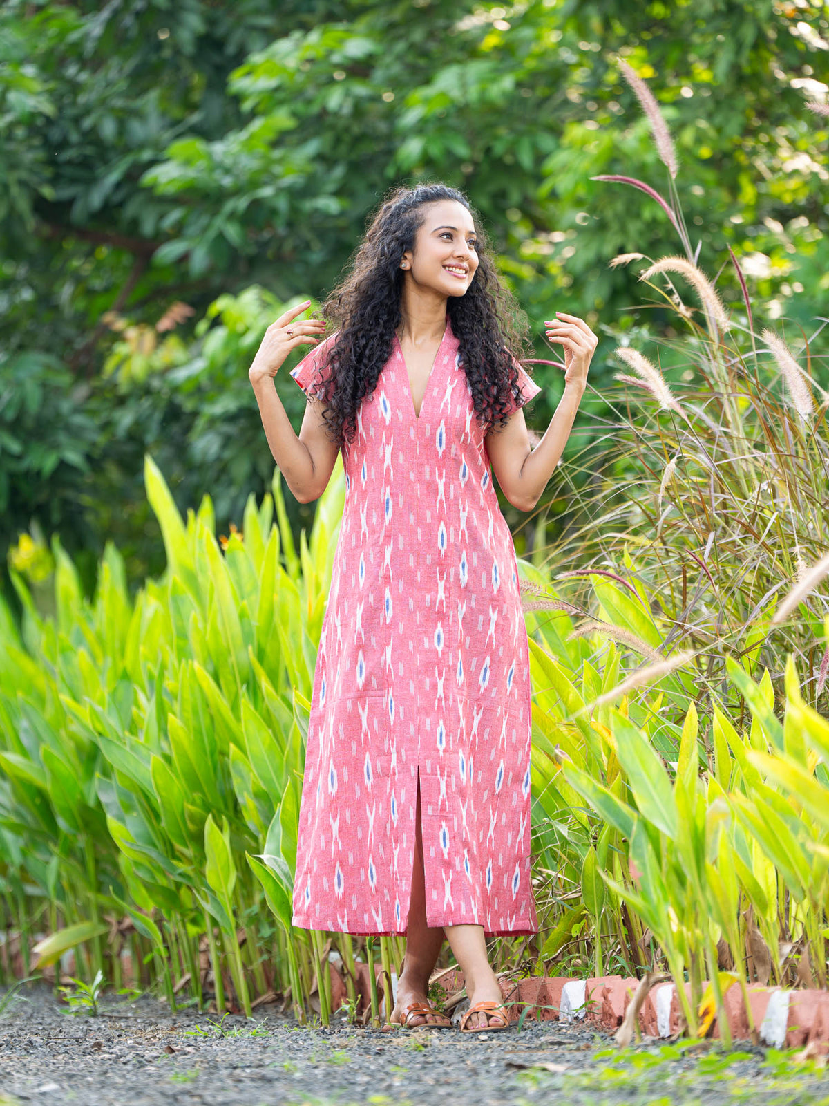 Carrot pink dress ikat design front slit