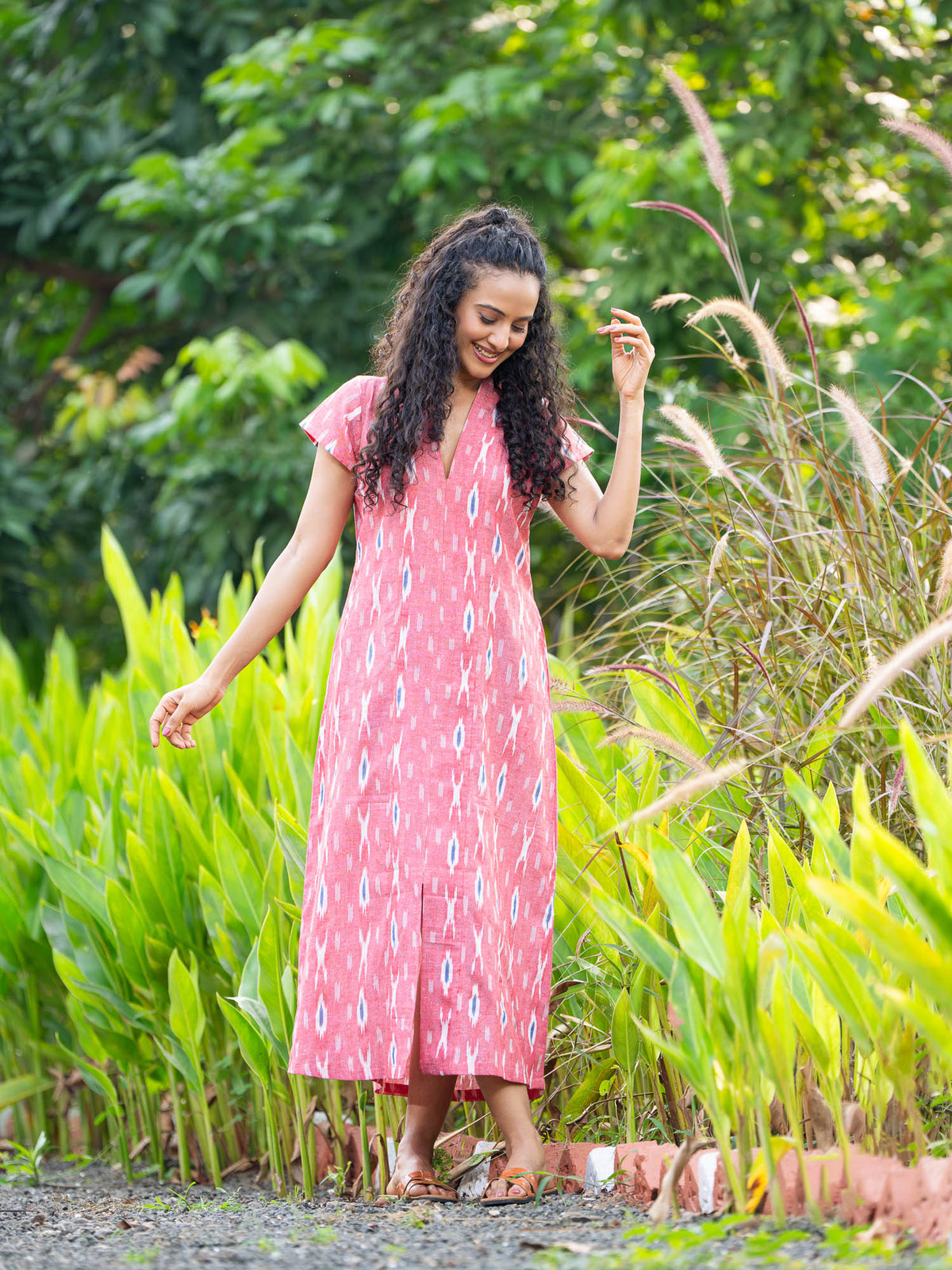 Carrot pink dress ikat design front slit