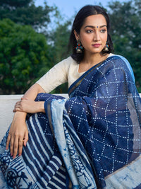 Indigo Maheshwari cotton silk saree.