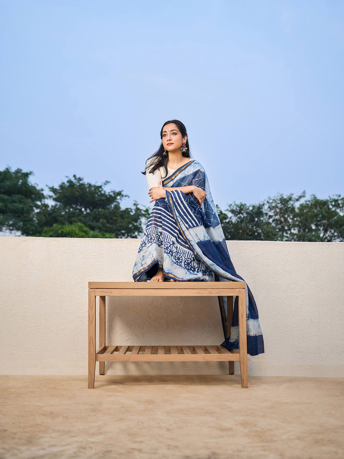 Indigo Maheshwari cotton silk saree.