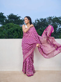 Purple Maheshwari Dabu print saree