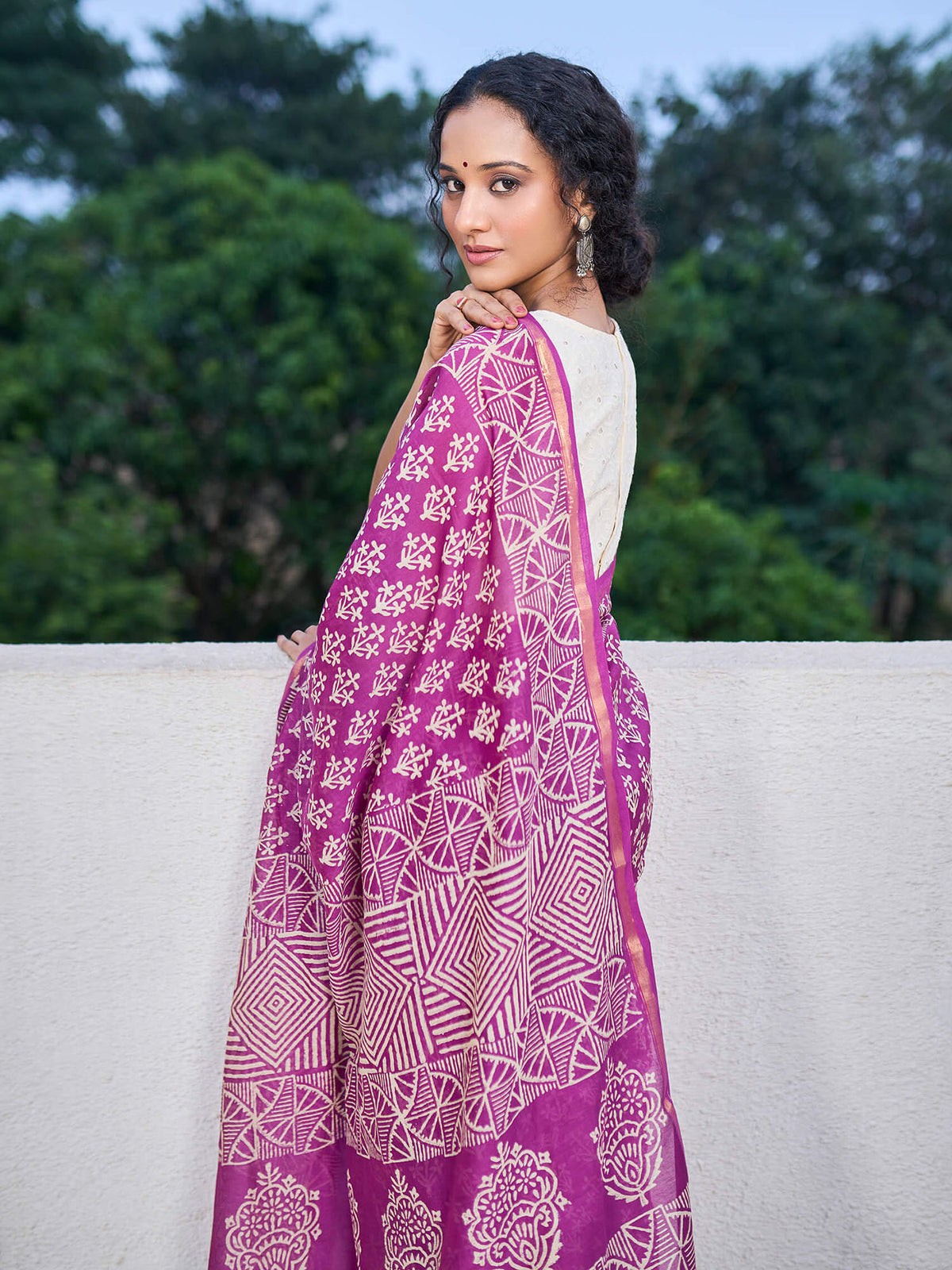 Purple Maheshwari Dabu print saree