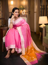 Pink and Orange Maheshwari Cotton Silk Saree with Zari