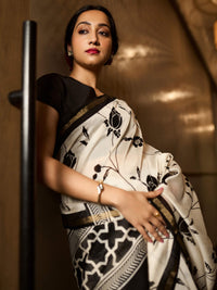 Black & White Maheshwari cotton silk saree