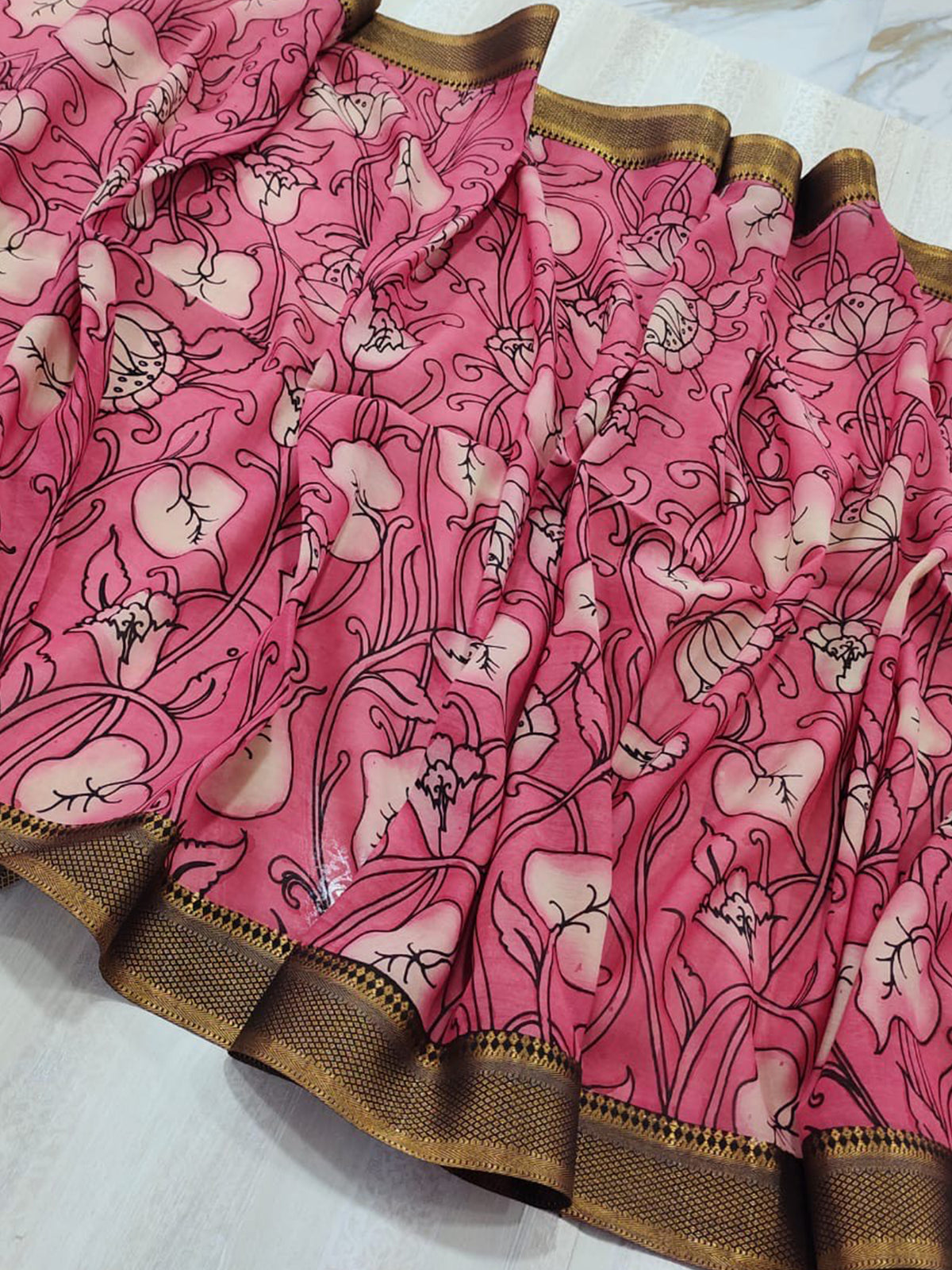 A pure handloom pink pure bangalore silk kalamkari hand painted dupatta by Mrida