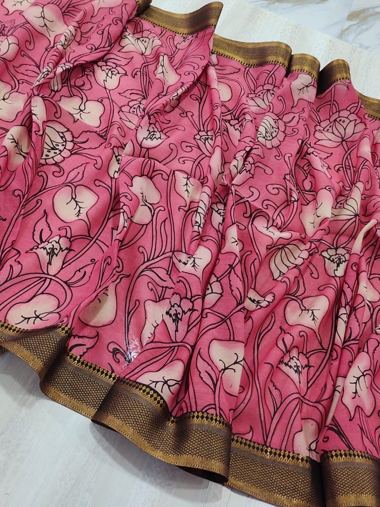 A pure handloom pink pure bangalore silk kalamkari hand painted dupatta by Mrida