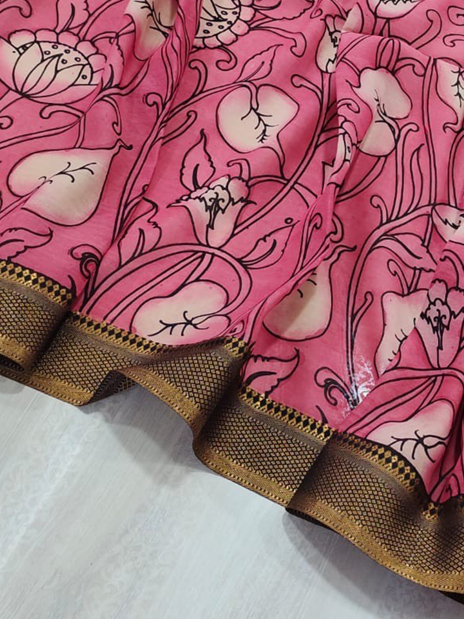 A pure handloom pink pure bangalore silk kalamkari hand painted dupatta by Mrida