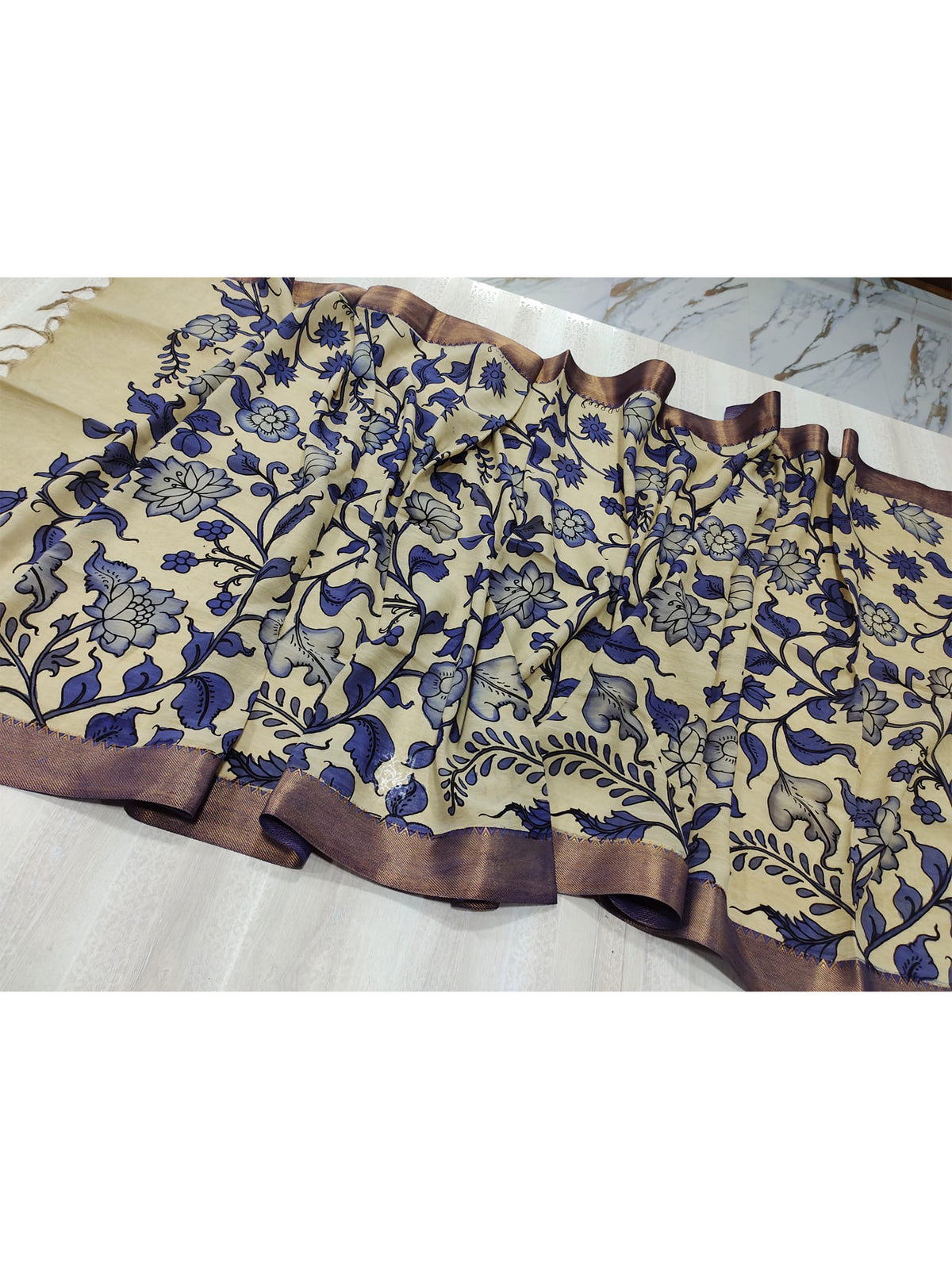 A pure handloom beige and blue pure bangalore silk kalamkari hand painted dupatta by Mrida