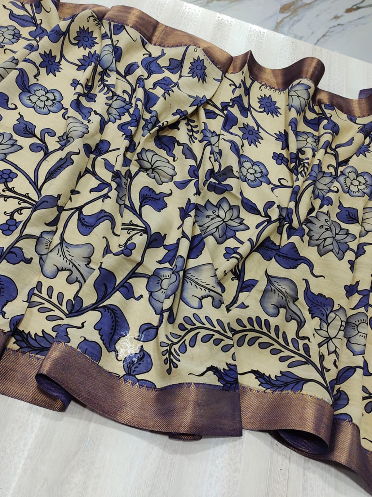 A pure handloom beige and blue pure bangalore silk kalamkari hand painted dupatta by Mrida