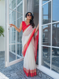 Red and White Maheswari Cotton Silk Saree