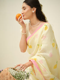 Pink Lemonade | Premium Pure Linen Handloom Saree with Floral Block Prints with Sage Green Blouse Piece