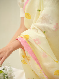 Pink Lemonade | Premium Pure Linen Handloom Saree with Floral Block Prints with Sage Green Blouse Piece