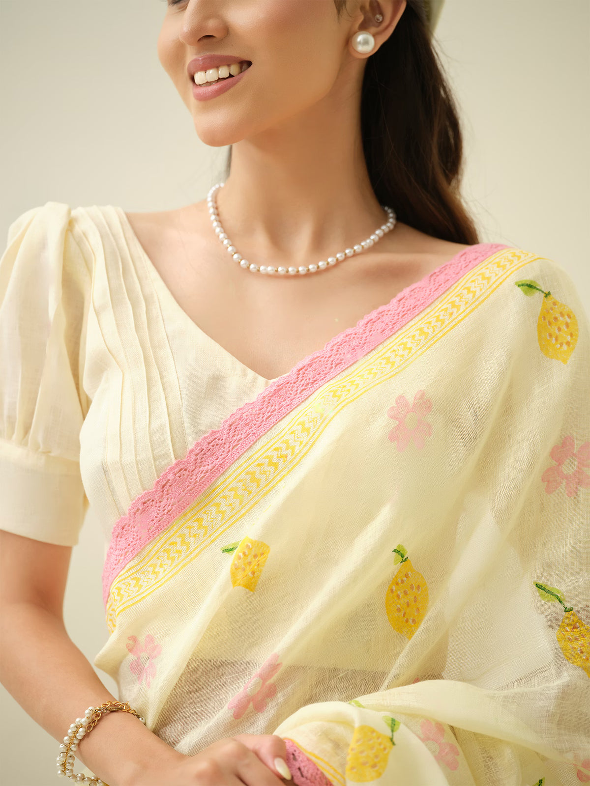 Pink Lemonade | Premium Pure Linen Handloom Saree with Floral Block Prints with Sage Green Blouse Piece