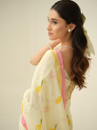 Pink Lemonade | Premium Pure Linen Handloom Saree with Floral Block Prints with Sage Green Blouse Piece