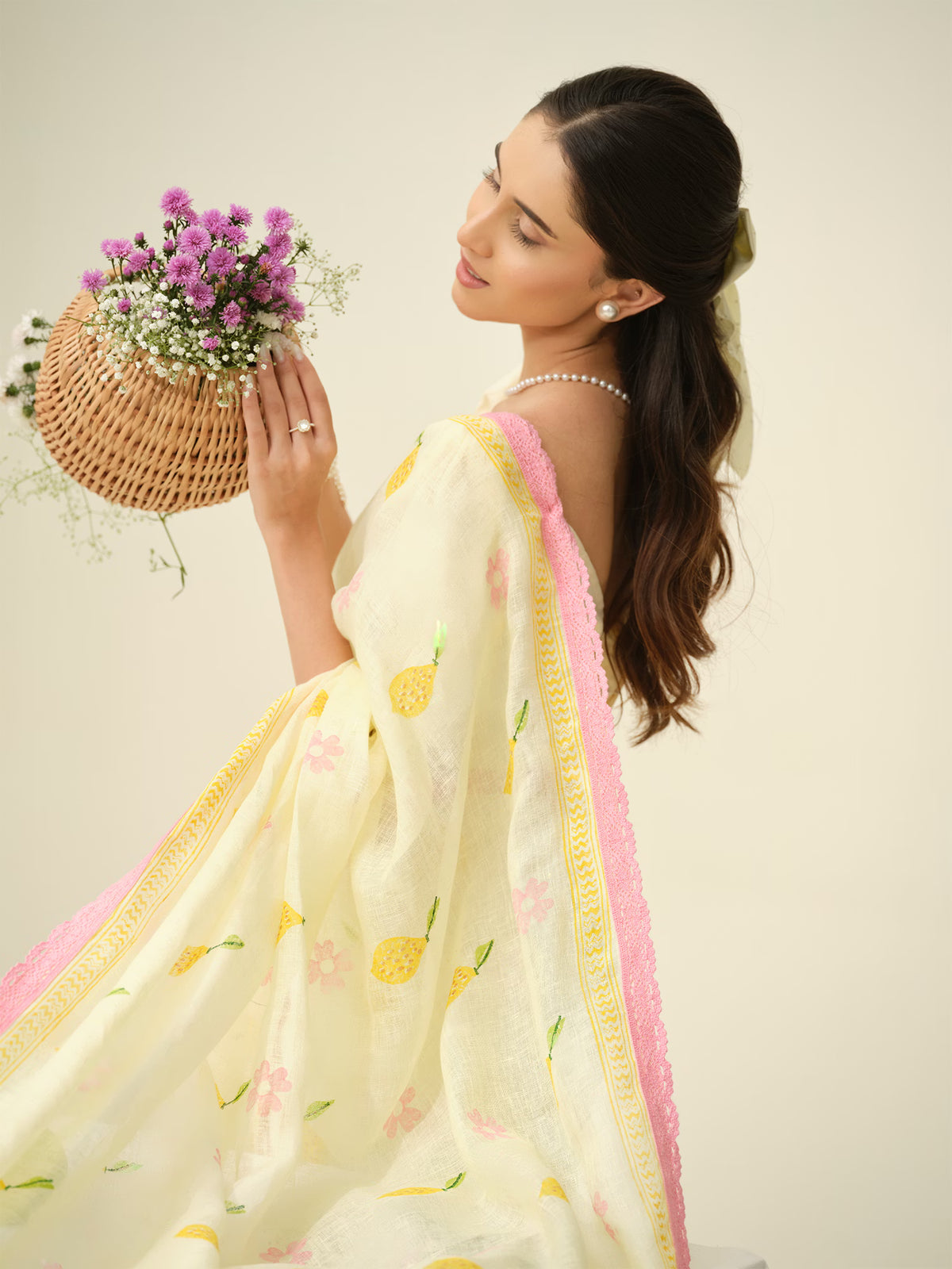 Pink Lemonade | Premium Pure Linen Handloom Saree with Floral Block Prints with Sage Green Blouse Piece