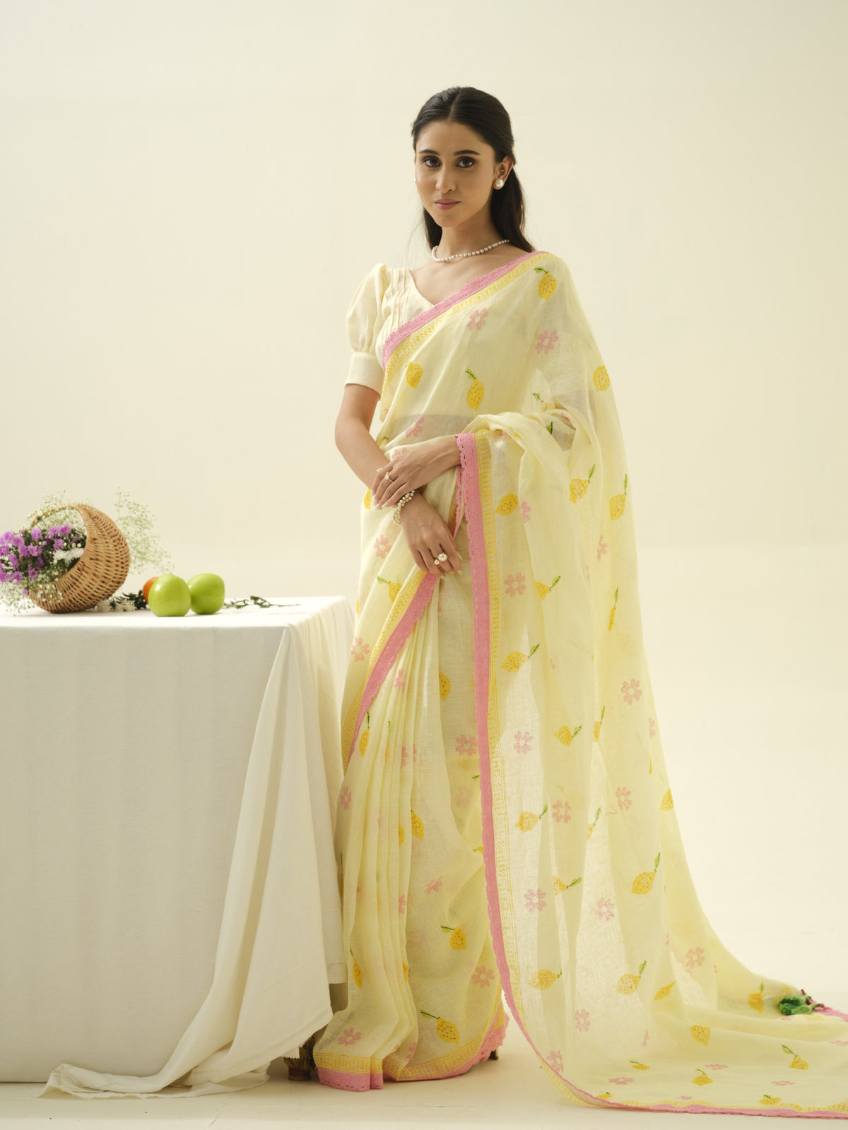 Pink Lemonade | Premium Pure Linen Handloom Saree with Floral Block Prints with Sage Green Blouse Piece