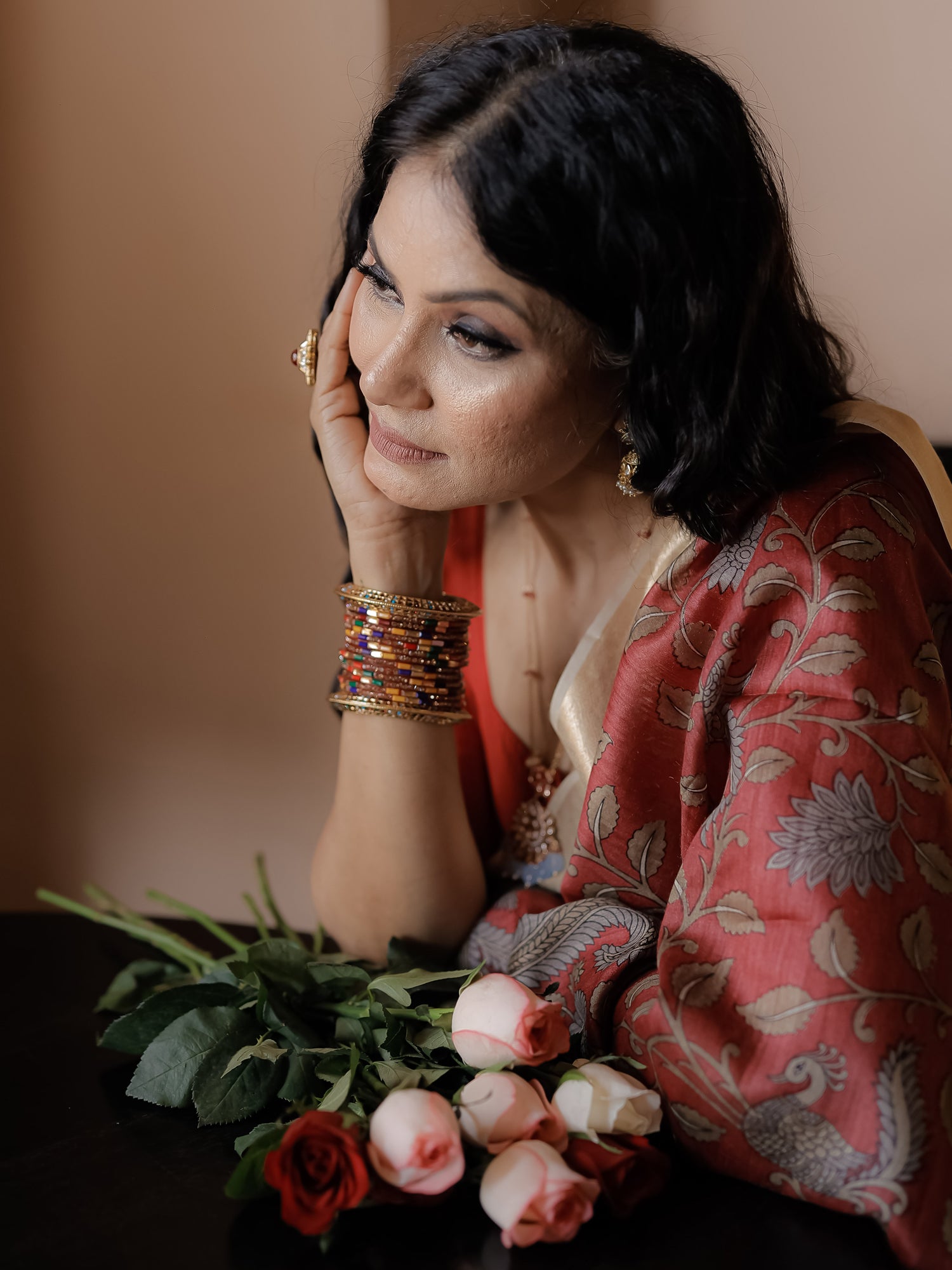 Red Tussar silk Maheshwari saree