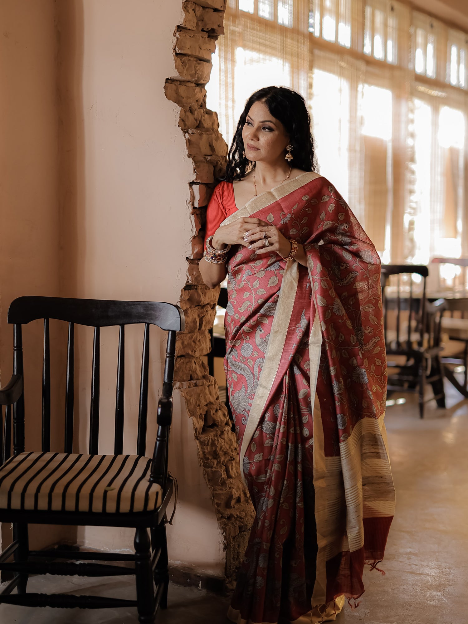 Red Tussar silk Maheshwari saree