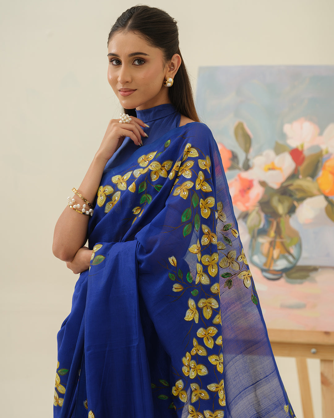 Full drape view of the Bougainvillaea Wall Mangalgiri silk pattu by cotton saree by Mrida