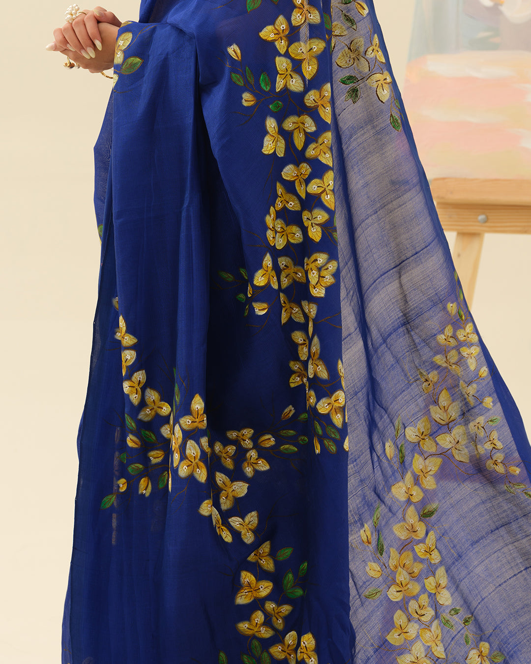Detail view of bougainvillaea vine inspired floral patterns on the Bougainvillaea Wall saree