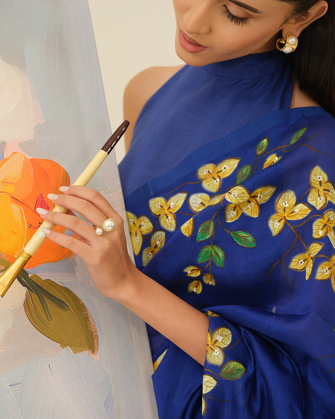 Elegant Bougainvillaea Wall handpainted saree by Mrida inspired by blooming bougainvillaea vines