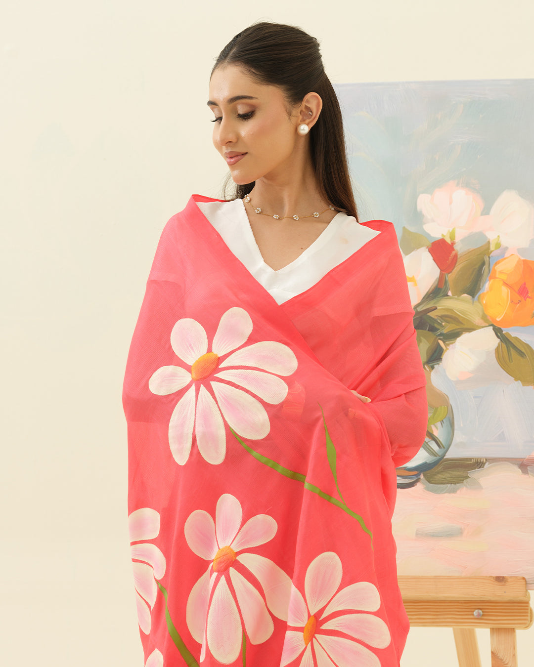 Full drape view of the Champa Blush Mangalgiri silk pattu by cotton saree by Mrida