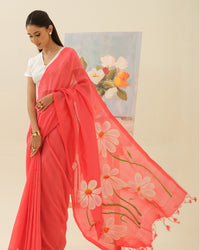Detail view of delicate champa blooms with green stems on the Champa Blush saree