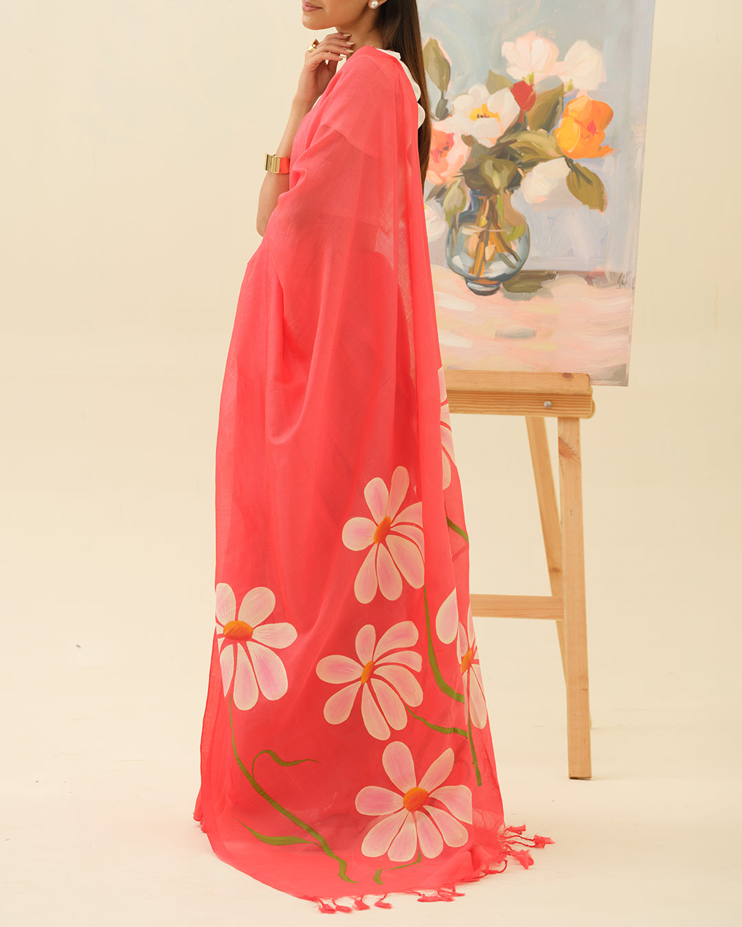 Elegant Champa Blush handpainted saree by Mrida inspired by blooming champa flowers