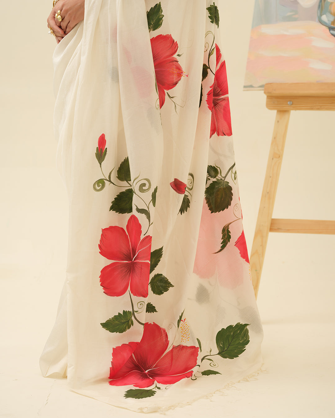 Mangalgiri silk pattu by cotton fabric detail of the Crimson Hibiscus saree