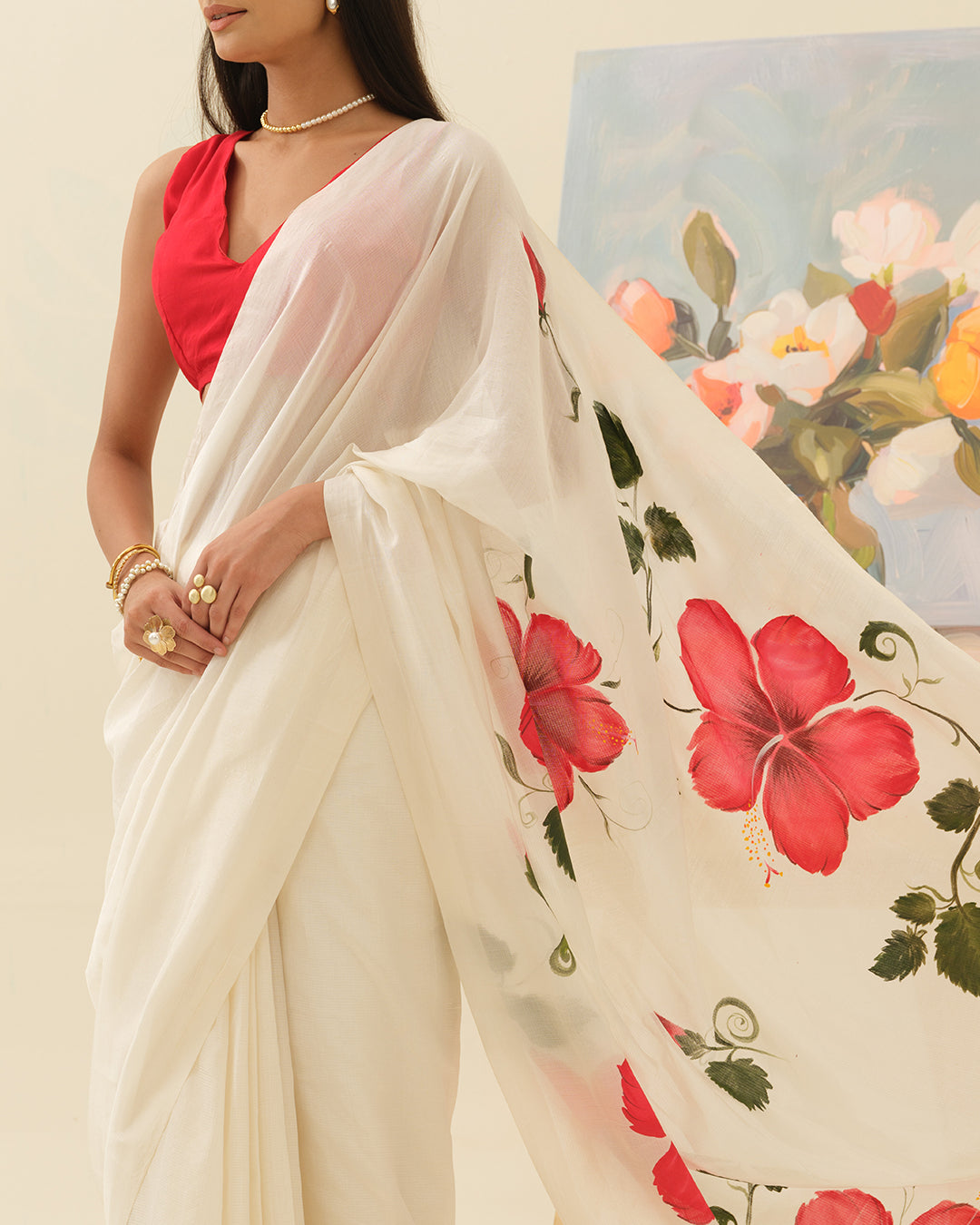 Elegant handpainted Crimson Hibiscus saree by Mrida inspired by garden blooms