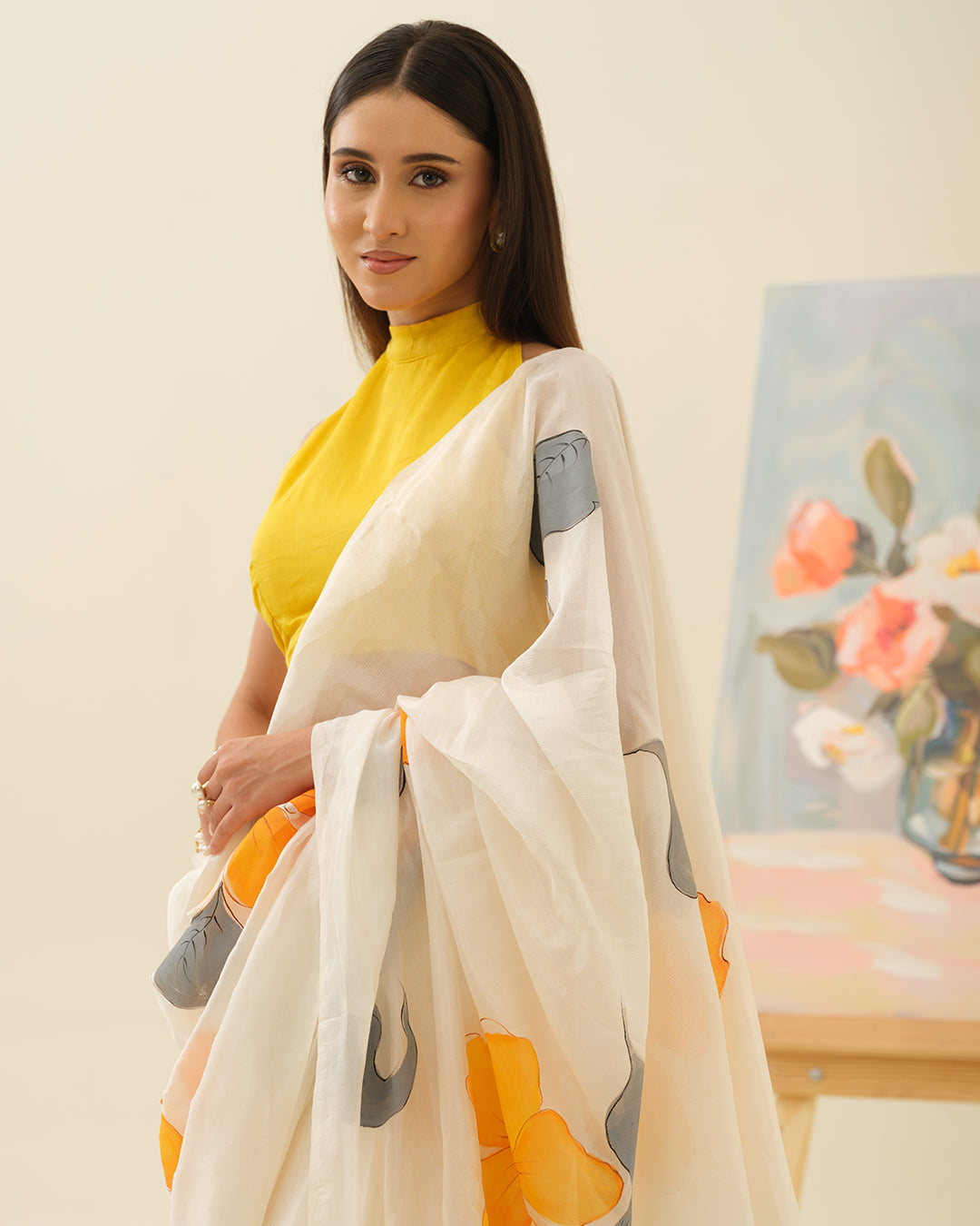 Full drape view of the Golden Hibiscus floral saree by Mrida