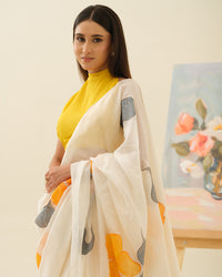 Full drape view of the Golden Hibiscus floral saree by Mrida