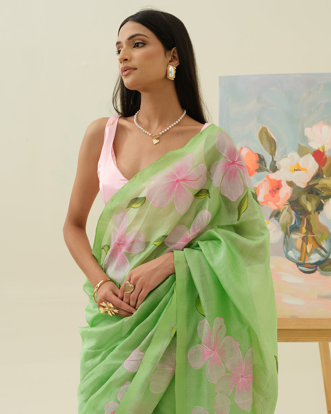 Full drape view of the Morning Bloom Mangalgiri silk pattu by cotton saree by Mrida