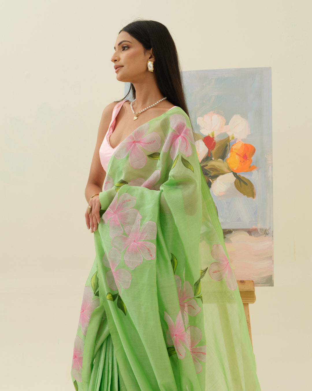 Elegant Morning Bloom handpainted saree by Mrida inspired by a tranquil morning garden