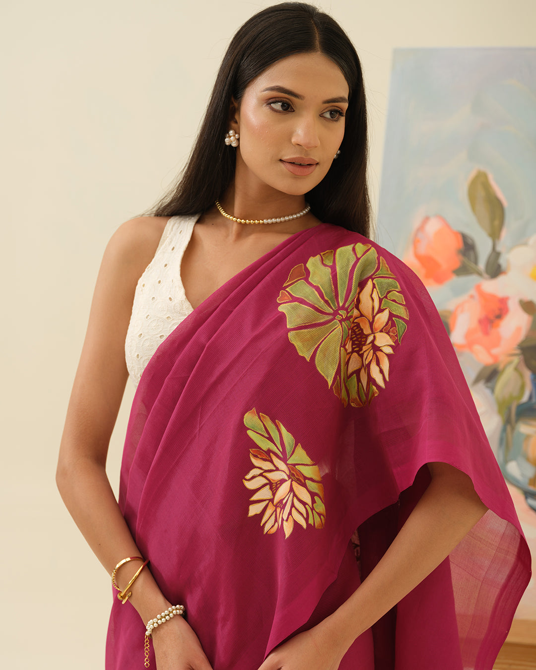Full drape view of the Pink Lotus Mangalgiri silk pattu by cotton saree by Mrida