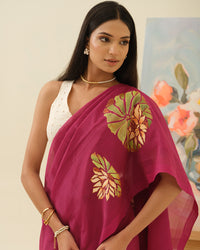 Full drape view of the Pink Lotus Mangalgiri silk pattu by cotton saree by Mrida
