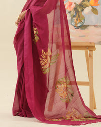 Artisan handpainted ivory lotus motifs on the Pink Lotus saree by Mrida