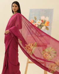 Detail view of lotus blooms and sage accents on the Pink Lotus saree