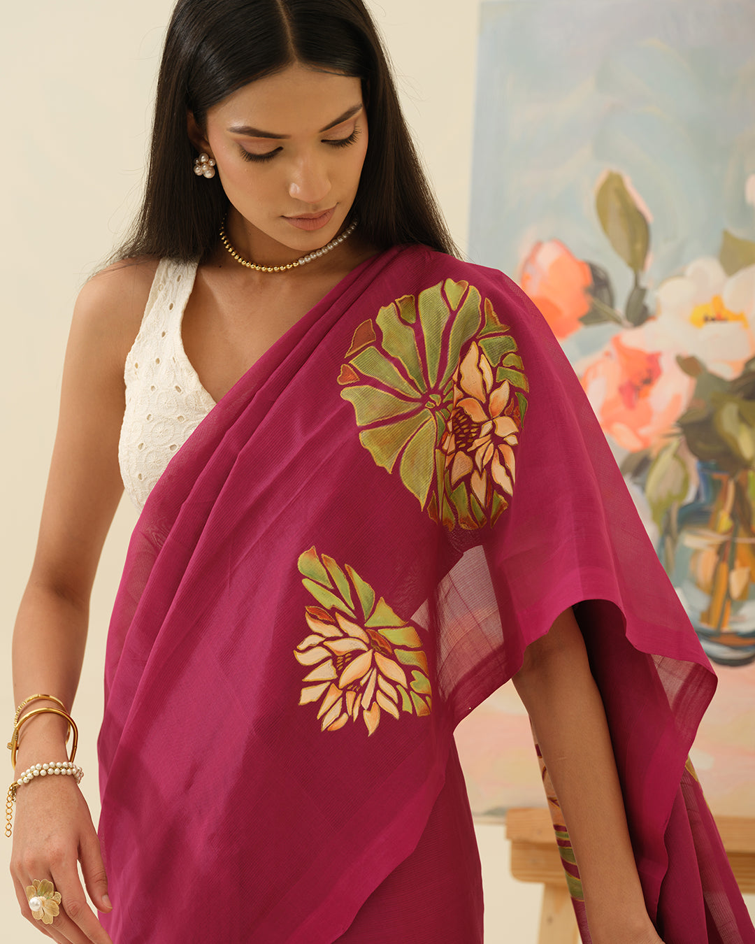 Elegant Pink Lotus handpainted saree by Mrida inspired by the timeless lotus flower