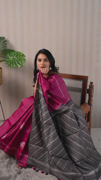 Cherry and grey Shibori Tussar Silk saree