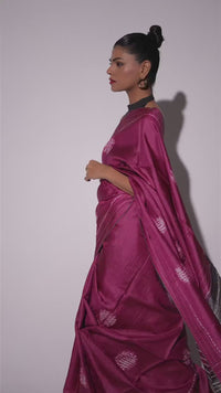 Twilight Bloom - Wine Pink Tussar Kantha Shibori Handloom Saree