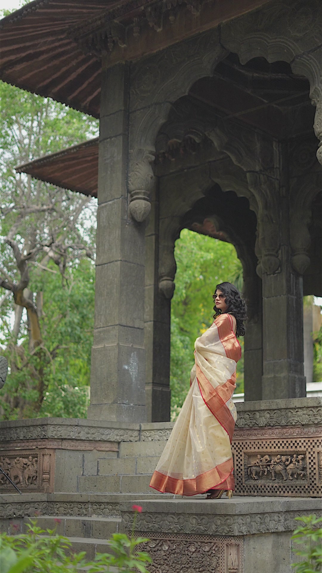 Bridal-wear cream and red Chanderi silk saree