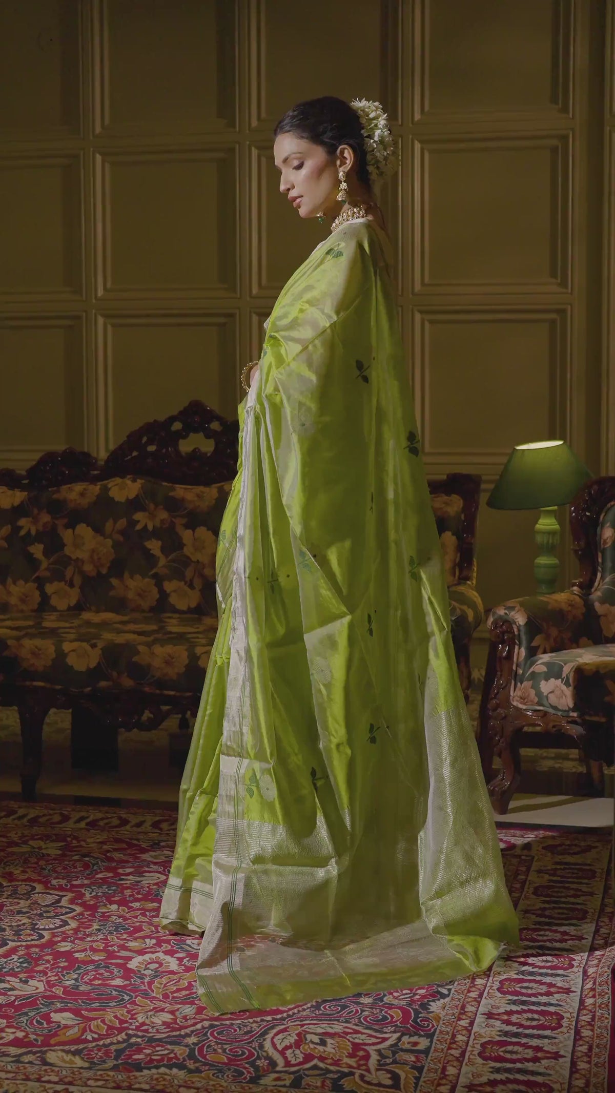 Vasantika - Lime Green Chanderi Pattu Silk Handloom Saree