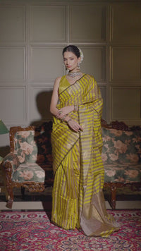 Manisha - Striped Yellow & Grey Chanderi Pattu Silk Saree